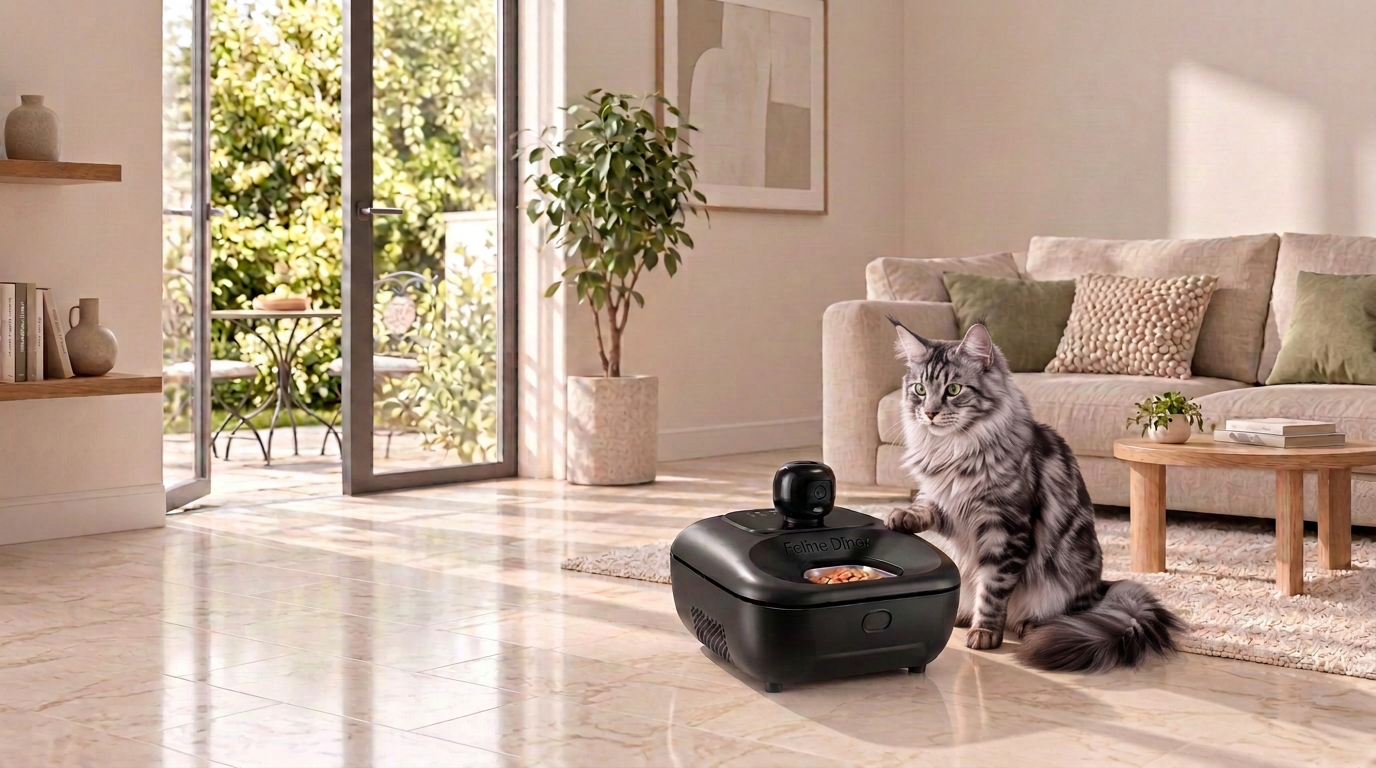 A grey cat eating from a Feline Diner feeder in a bright kitchen